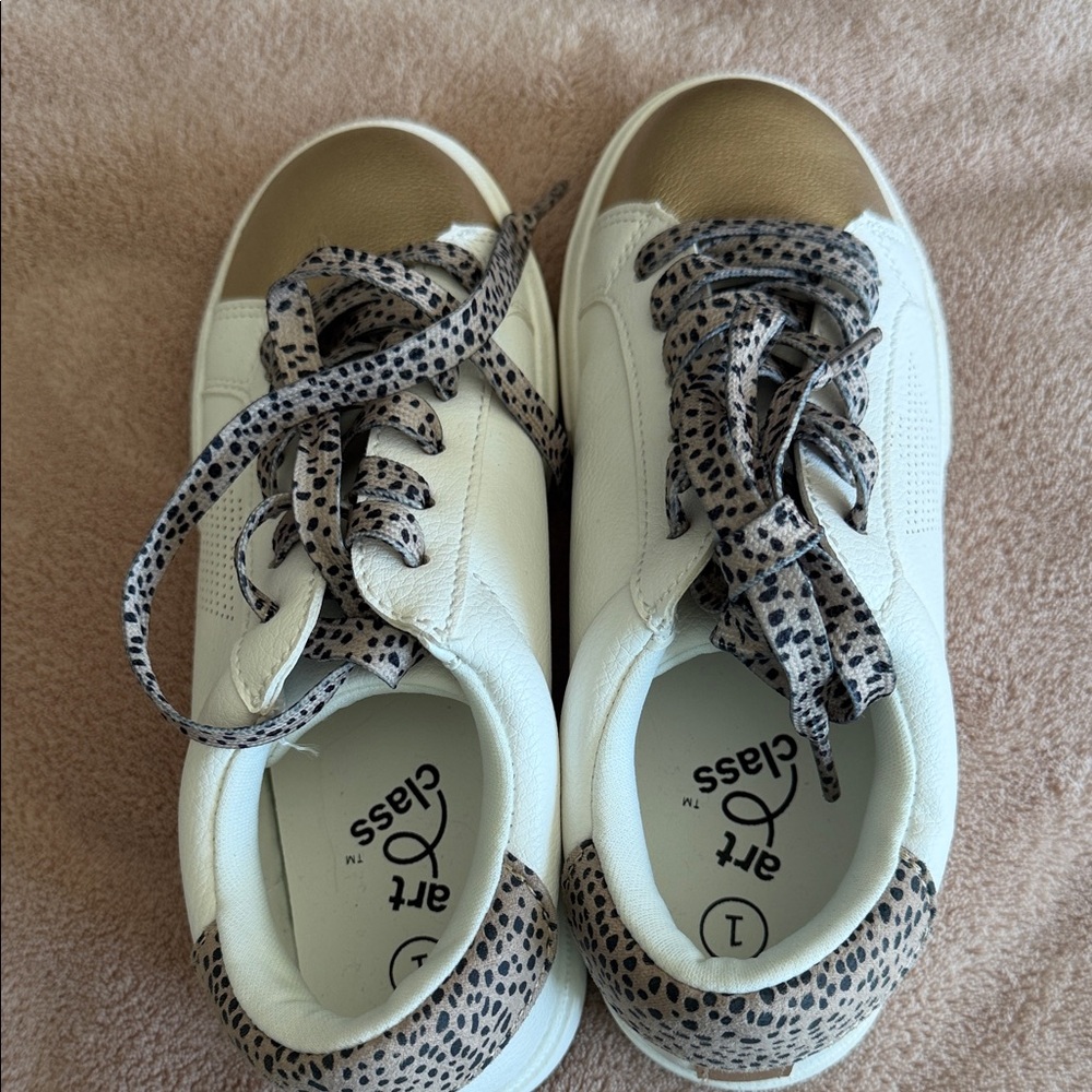 Art Class Kids White and Gold Sneakers with Leopard Accents